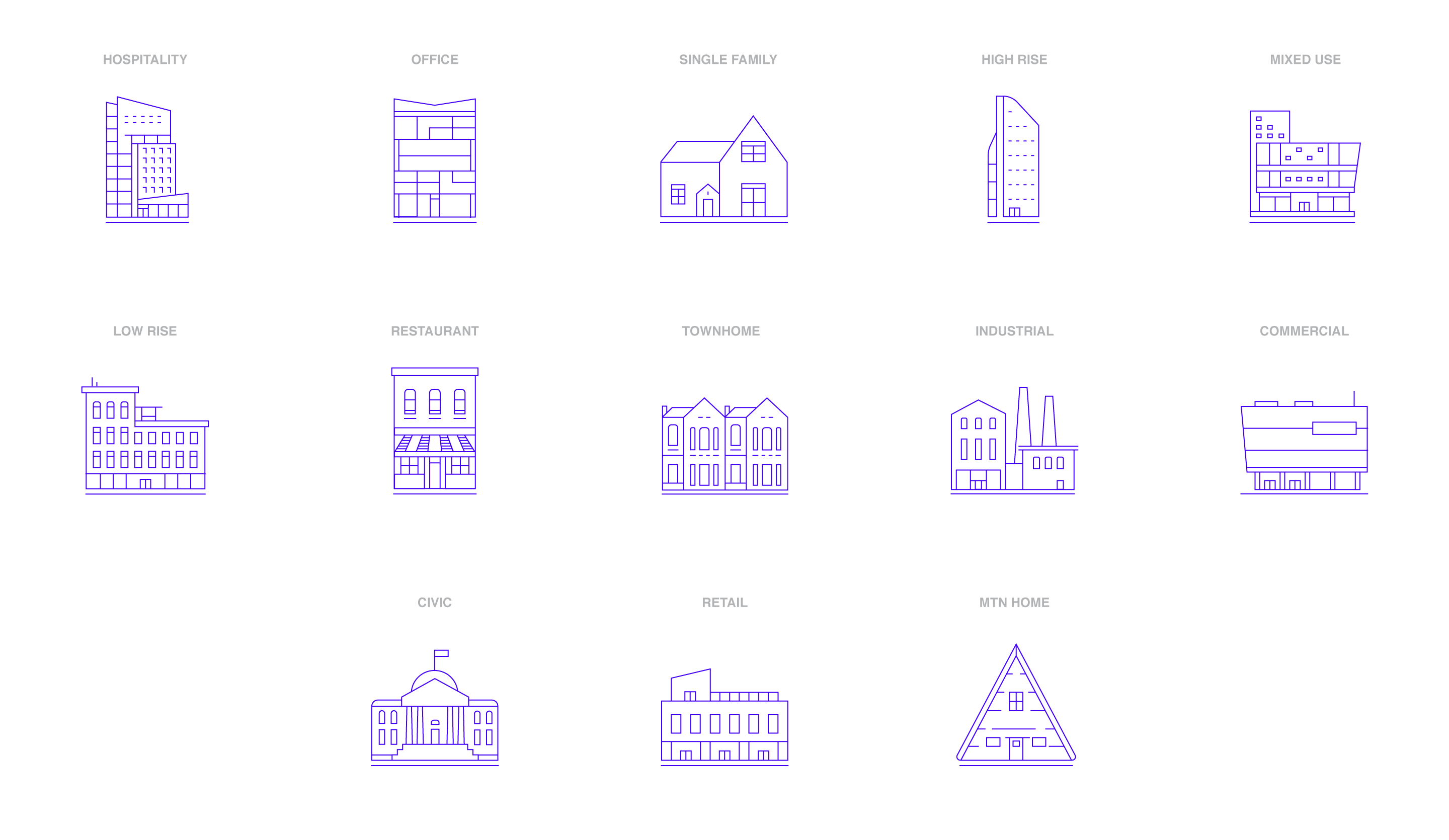 a 5 by 3 grid of illustrations of different building types