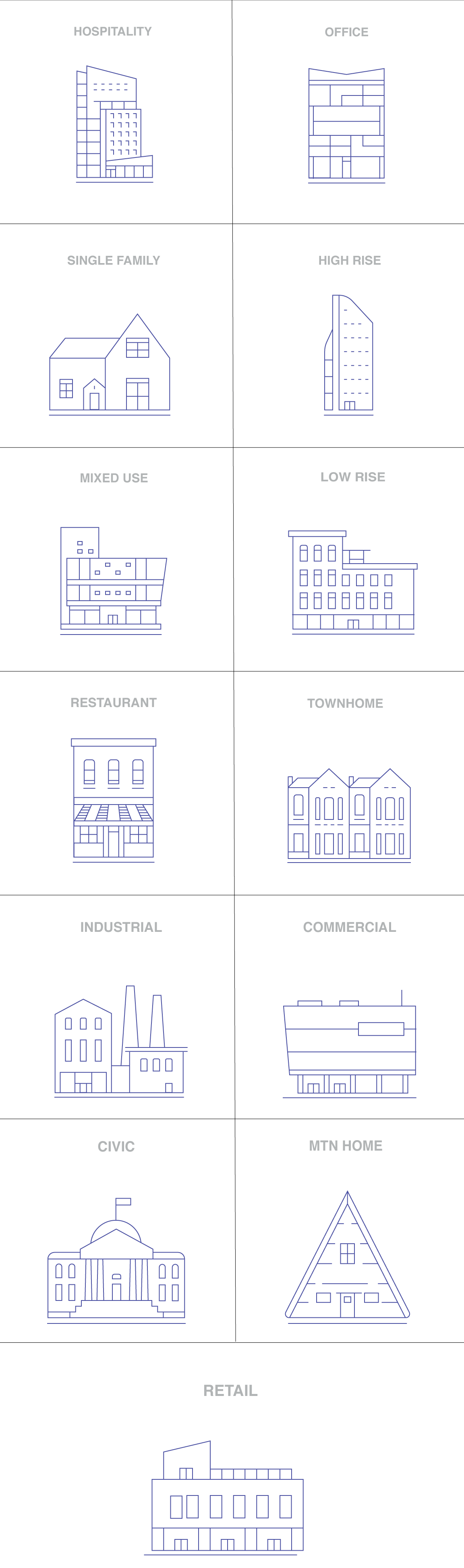 a 2 by 7 grid of illustrations of different building types